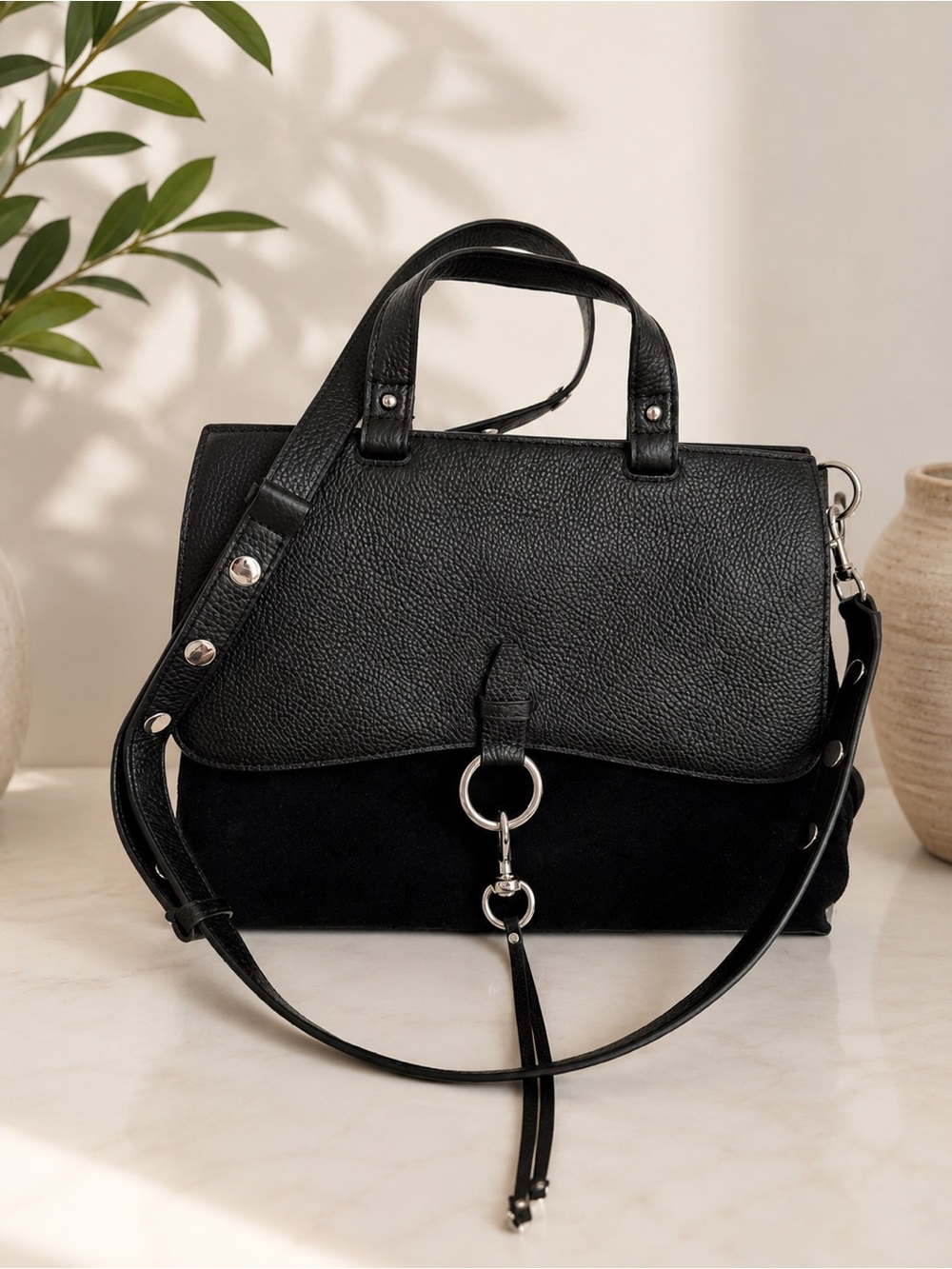 Black Structured Medium Keith Leather Top-Handle Satchel - Women Bags